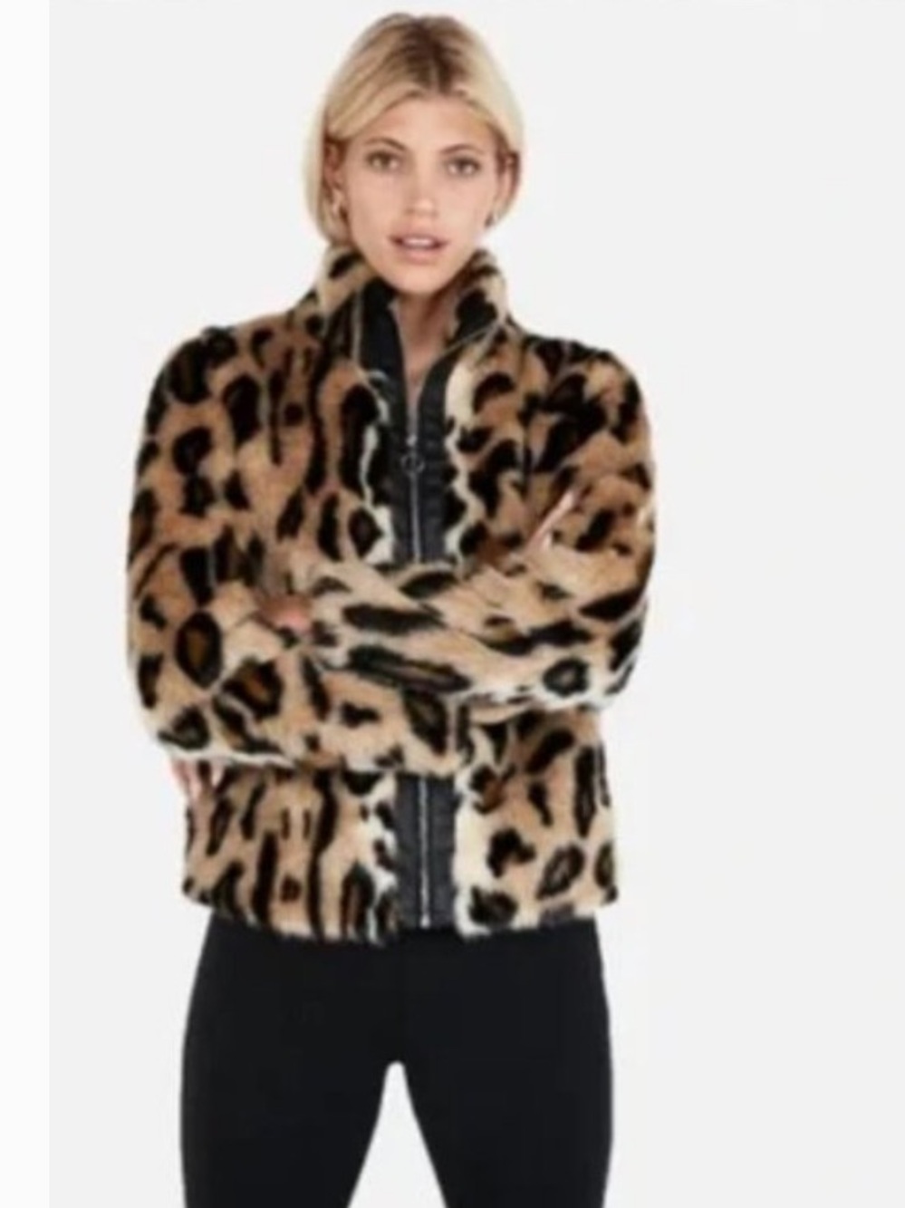Express Women's Leopard Teddy Faux Fur Jacket - Tan & Black